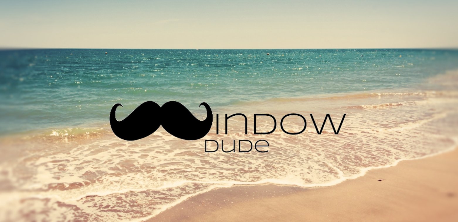 Window Dude mustache logo over a sunny beach