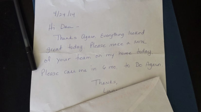 Handwritten note from a customer